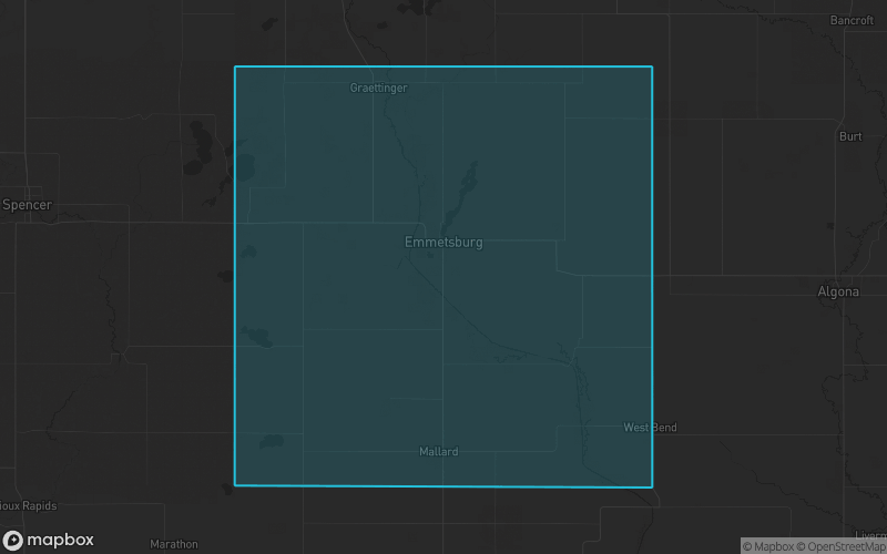 Map of Palo Alto County, Iowa showing the county boundary and surrounding cities