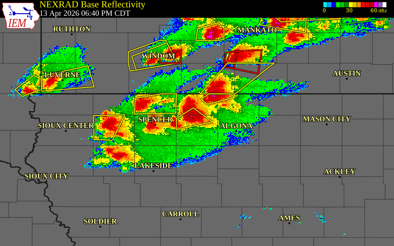NEXRAD radar during the Monday, April 13, 2026 storm activity in Palo Alto County, Iowa