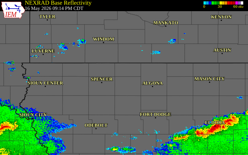 NEXRAD radar during the Saturday, May 16, 2026 storm activity in Palo Alto County, Iowa