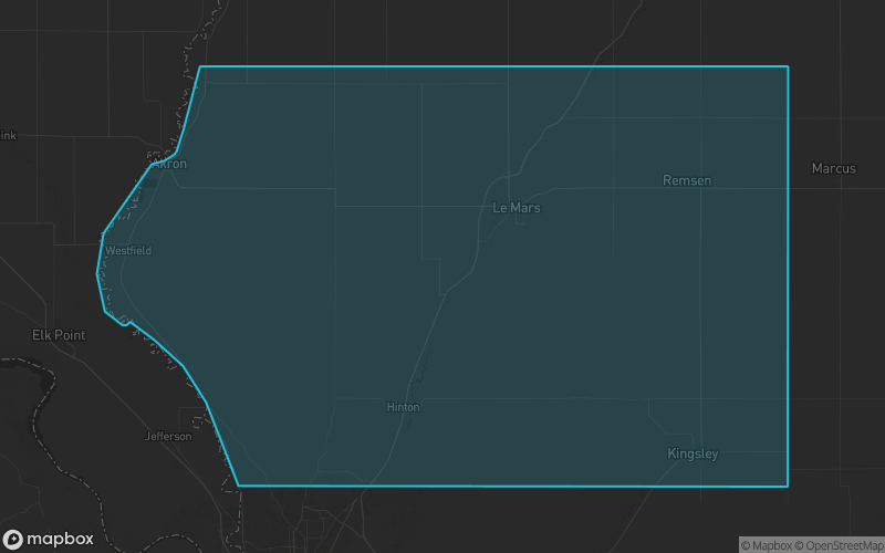 Map of Plymouth County, Iowa showing the county boundary and surrounding cities
