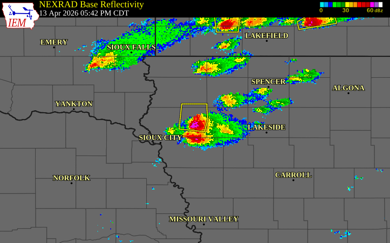 NEXRAD radar during the Monday, April 13, 2026 storm activity in Plymouth County, Iowa