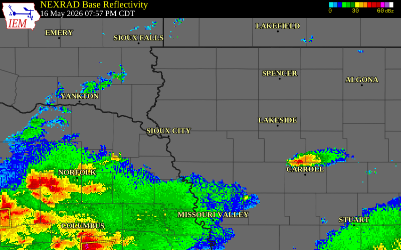 NEXRAD radar during the Saturday, May 16, 2026 storm activity in Plymouth County, Iowa