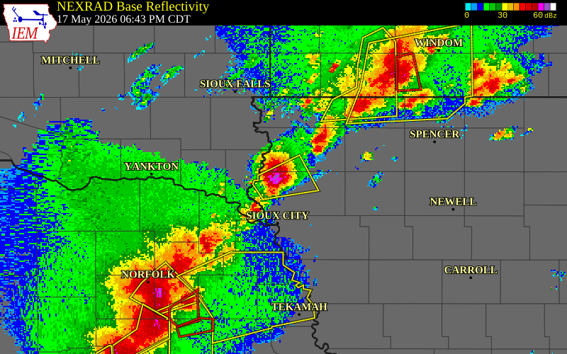 NEXRAD radar during the Sunday, May 17, 2026 storm activity in Plymouth County, Iowa