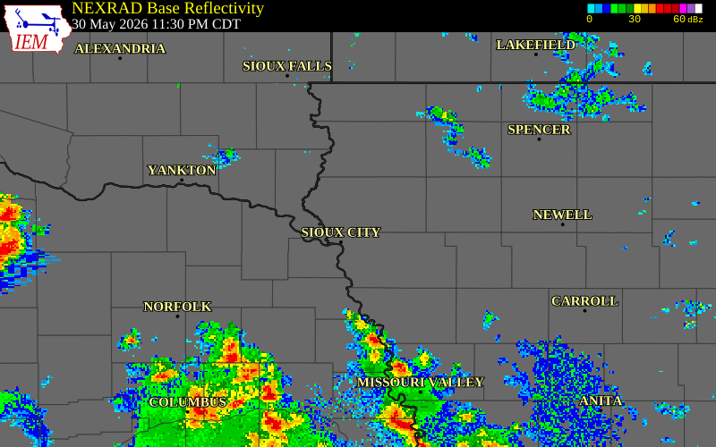 NEXRAD radar during the Saturday, May 30, 2026 storm activity in Plymouth County, Iowa