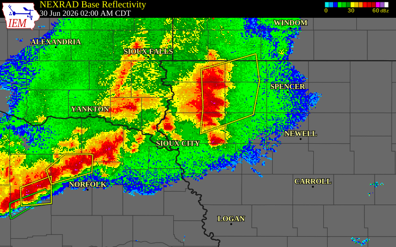 NEXRAD radar during the Tuesday, June 30, 2026 storm activity in Plymouth County, Iowa
