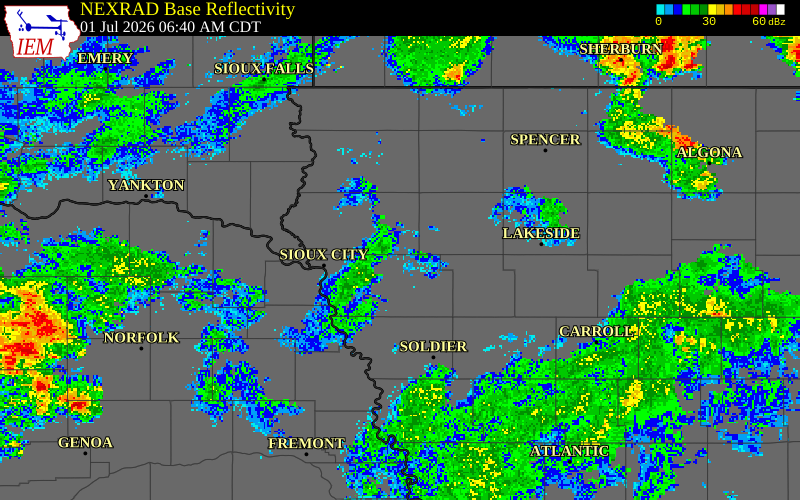 NEXRAD radar during the Wednesday, July 1, 2026 storm activity in Plymouth County, Iowa