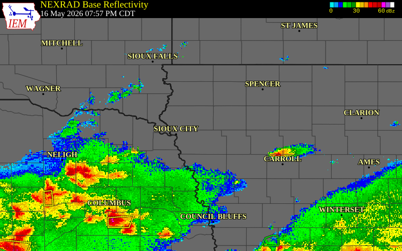Radar snapshot during the May 16, 2026 tornado event near 5 NW Kingsley, Plymouth County, Iowa, with NWS warning polygons