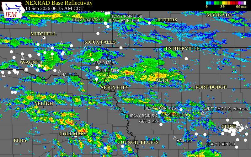 Current NEXRAD radar over Plymouth County, Iowa with recent storm report locations