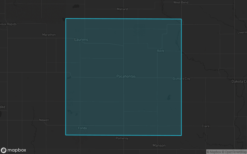 Map of Pocahontas County, Iowa showing the county boundary and surrounding cities