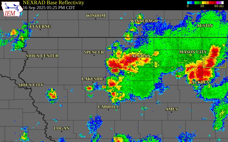 NEXRAD radar during the Tuesday, September 16, 2025 storm activity in Pocahontas County, Iowa