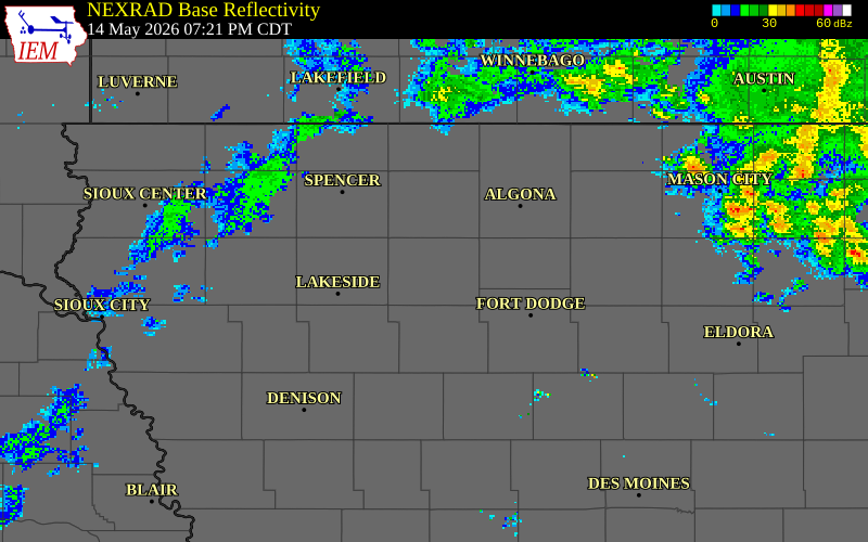 NEXRAD radar during the Thursday, May 14, 2026 storm activity in Pocahontas County, Iowa