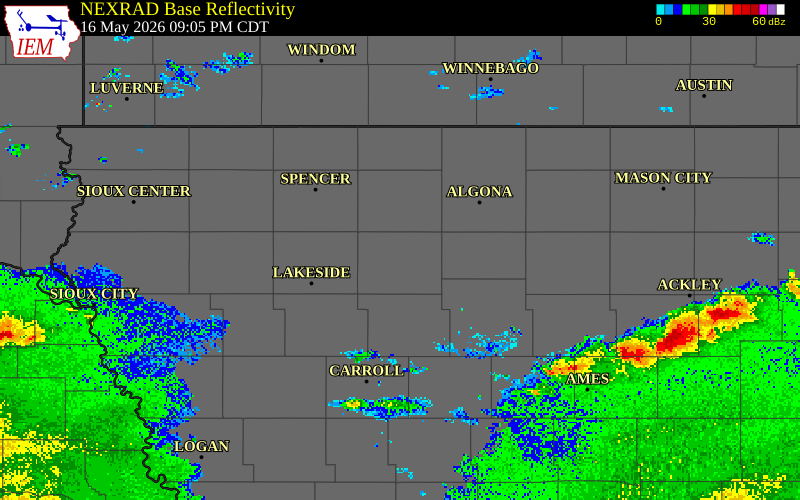 NEXRAD radar during the Saturday, May 16, 2026 storm activity in Pocahontas County, Iowa