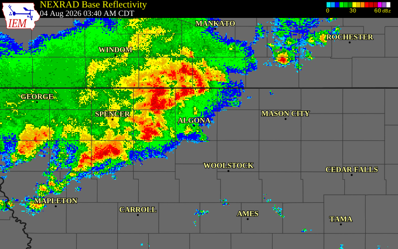 NEXRAD radar during the Tuesday, August 4, 2026 storm activity in Pocahontas County, Iowa