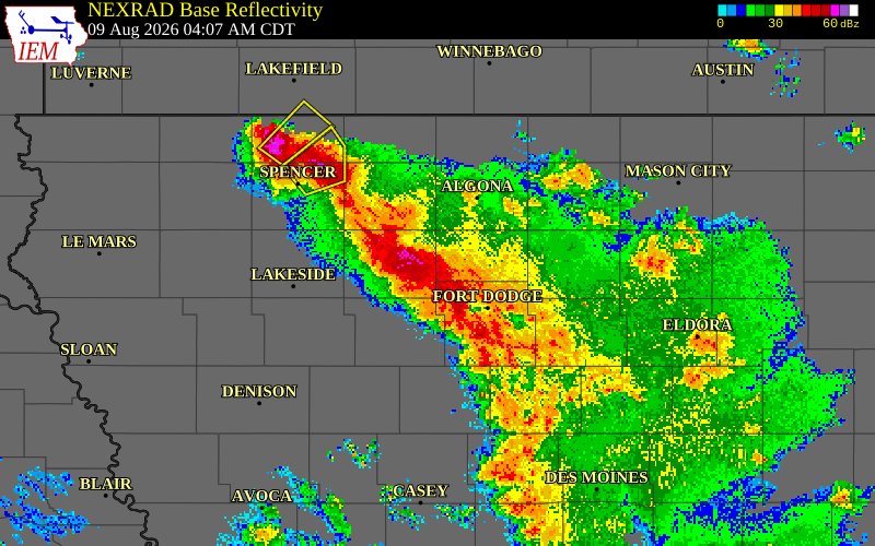 NEXRAD radar during the Sunday, August 9, 2026 storm activity in Pocahontas County, Iowa