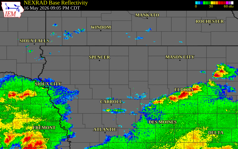 Radar snapshot during the May 16, 2026 tornado event near 2 SSE Havelock, Pocahontas County, Iowa, with NWS warning polygons