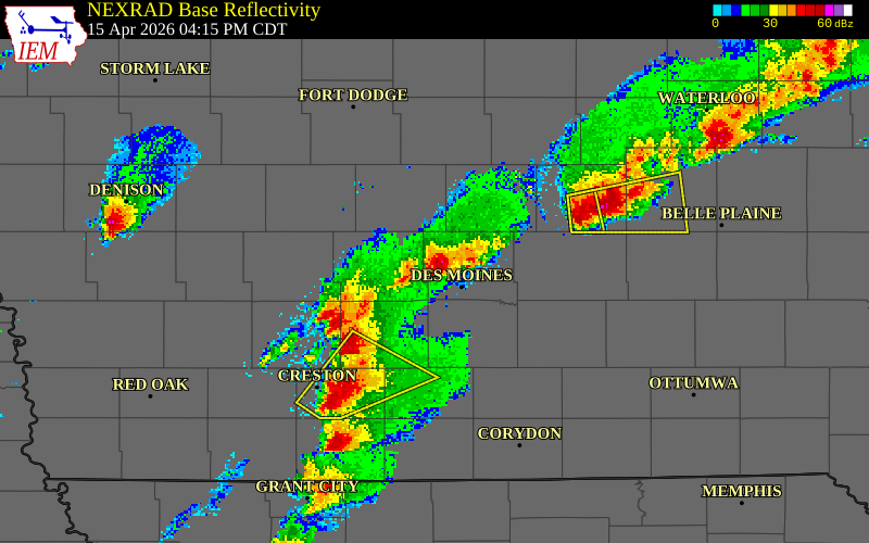 NEXRAD radar during the Wednesday, April 15, 2026 storm activity in Polk County, Iowa