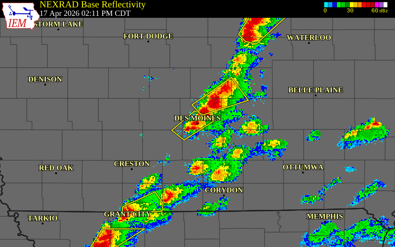 NEXRAD radar during the Friday, April 17, 2026 storm activity in Polk County, Iowa