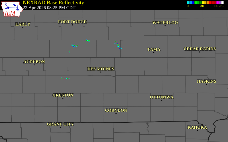 NEXRAD radar during the Wednesday, April 22, 2026 storm activity in Polk County, Iowa
