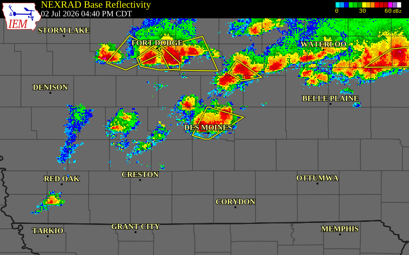 NEXRAD radar during the Thursday, July 2, 2026 storm activity in Polk County, Iowa