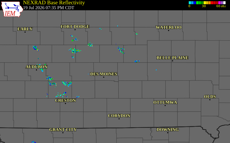 NEXRAD radar during the Sunday, July 19, 2026 storm activity in Polk County, Iowa
