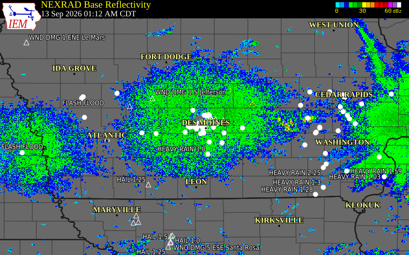 Current NEXRAD radar over Polk County, Iowa with recent storm report locations