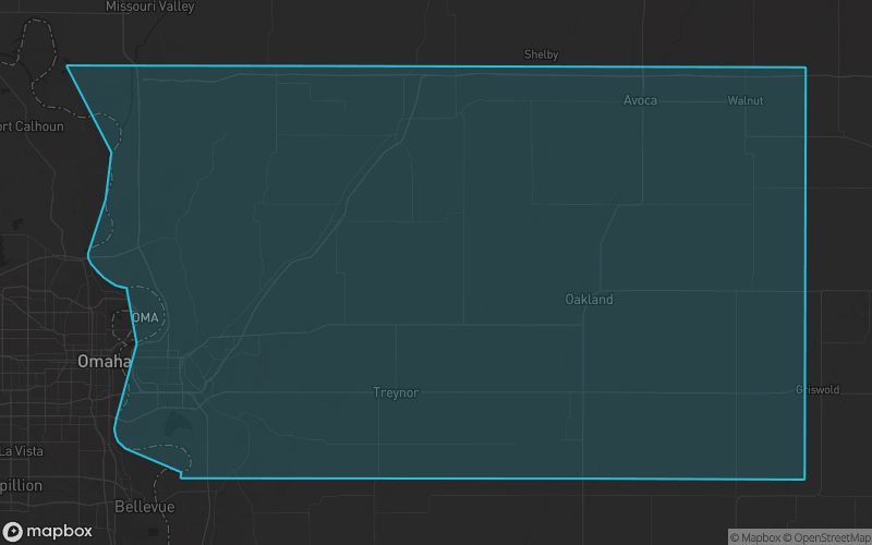 Map of Pottawattamie County, Iowa showing the county boundary and surrounding cities