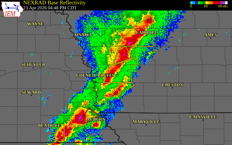 NEXRAD radar during the Thursday, April 23, 2026 storm activity in Pottawattamie County, Iowa
