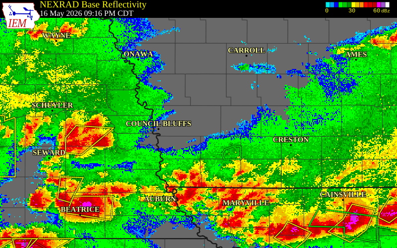 NEXRAD radar during the Saturday, May 16, 2026 storm activity in Pottawattamie County, Iowa