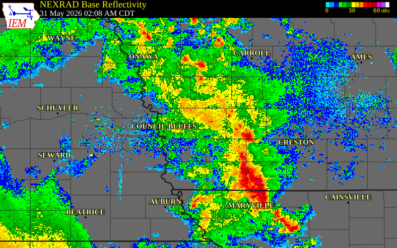 NEXRAD radar during the Sunday, May 31, 2026 storm activity in Pottawattamie County, Iowa