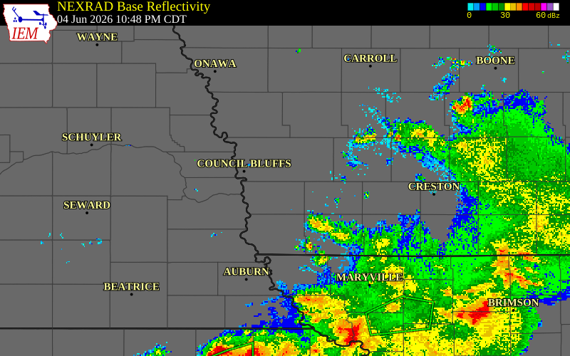 NEXRAD radar during the Thursday, June 4, 2026 storm activity in Pottawattamie County, Iowa