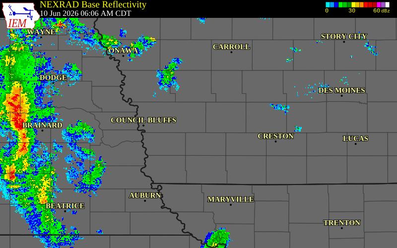 NEXRAD radar during the Wednesday, June 10, 2026 storm activity in Pottawattamie County, Iowa