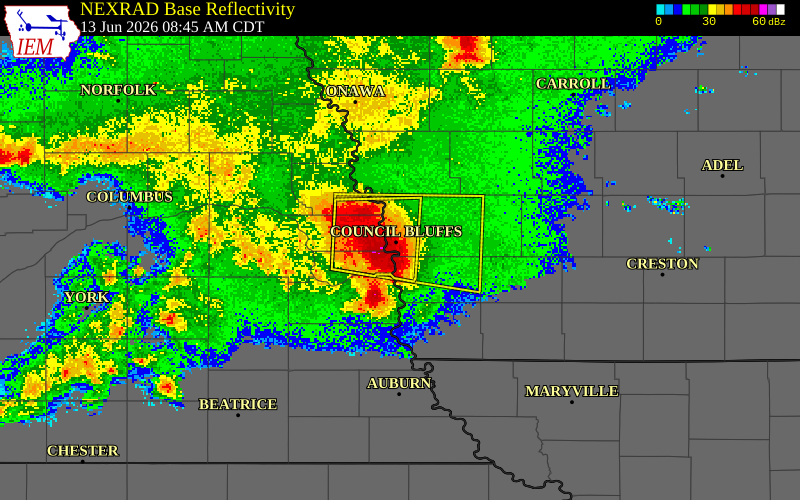 NEXRAD radar during the Saturday, June 13, 2026 storm activity in Pottawattamie County, Iowa