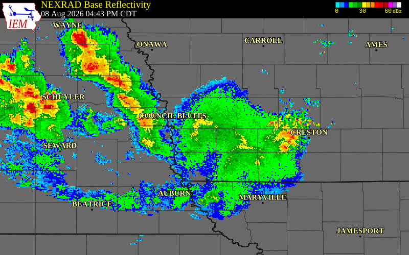 NEXRAD radar during the Saturday, August 8, 2026 storm activity in Pottawattamie County, Iowa