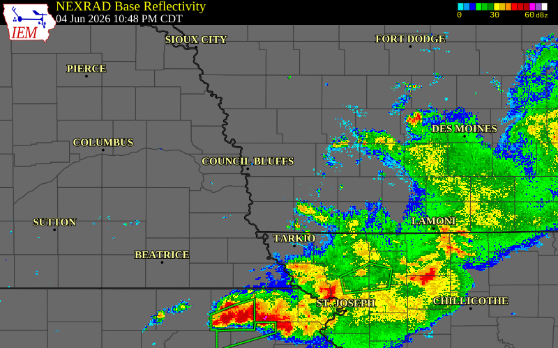 Radar snapshot during the Jun 4, 2026 wind event near 5.9 W Macedonia, Pottawattamie County, Iowa, with NWS warning polygons