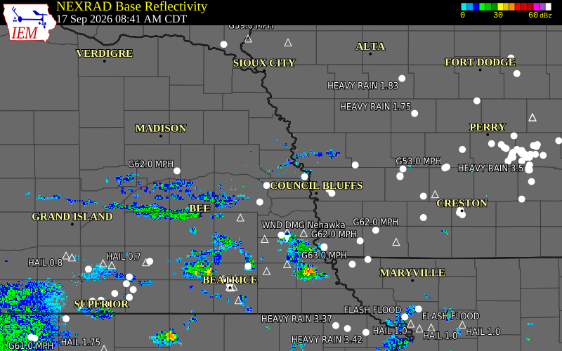 Current NEXRAD radar over Pottawattamie County, Iowa with recent storm report locations