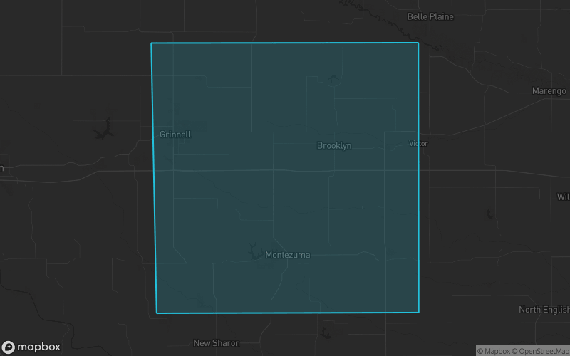 Map of Poweshiek County, Iowa showing the county boundary and surrounding cities