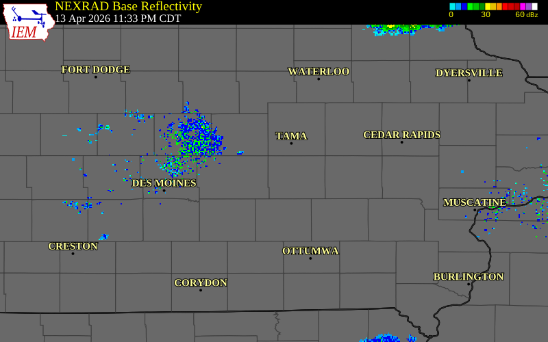 NEXRAD radar during the Monday, April 13, 2026 storm activity in Poweshiek County, Iowa