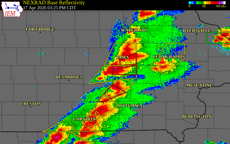 NEXRAD radar during the Friday, April 17, 2026 storm activity in Poweshiek County, Iowa
