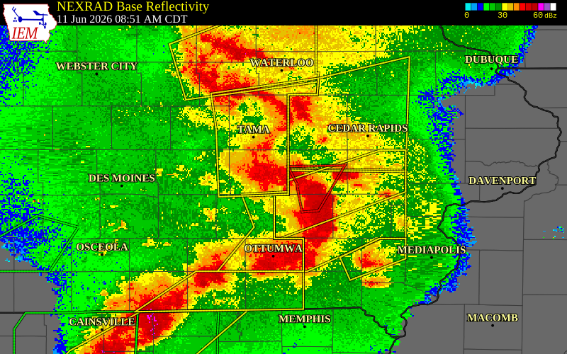 NEXRAD radar during the Thursday, June 11, 2026 storm activity in Poweshiek County, Iowa