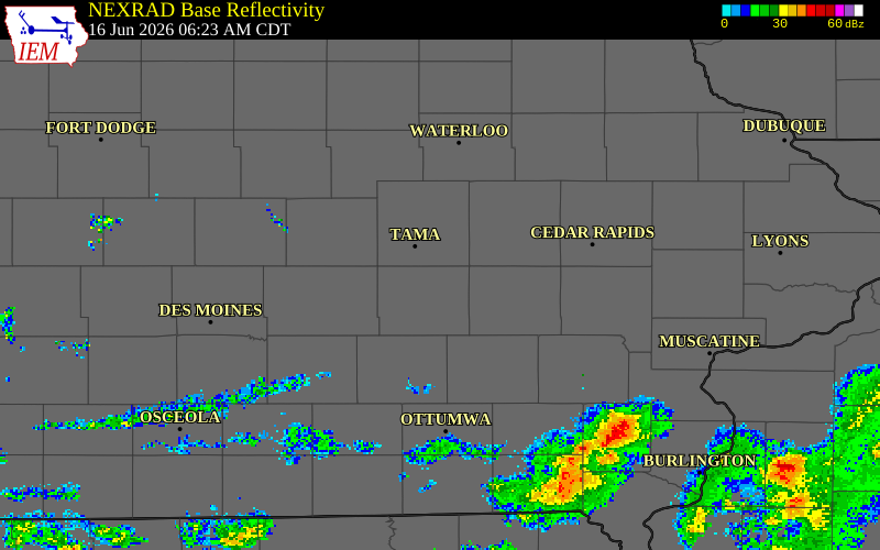 NEXRAD radar during the Tuesday, June 16, 2026 storm activity in Poweshiek County, Iowa
