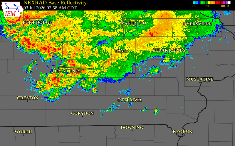 NEXRAD radar during the Friday, July 3, 2026 storm activity in Poweshiek County, Iowa