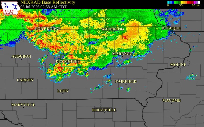 Radar snapshot during the Jul 3, 2026 wind event near 3 ENE Searsboro, Poweshiek County, Iowa, with NWS warning polygons
