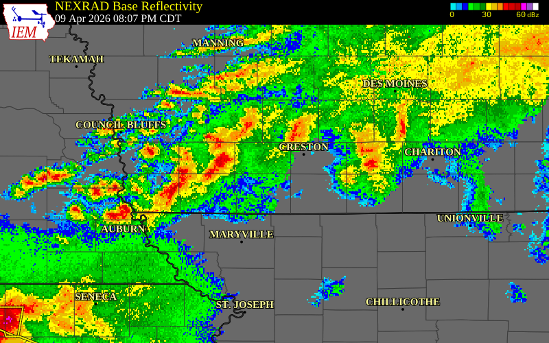 NEXRAD radar during the Thursday, April 9, 2026 storm activity in Ringgold County, Iowa