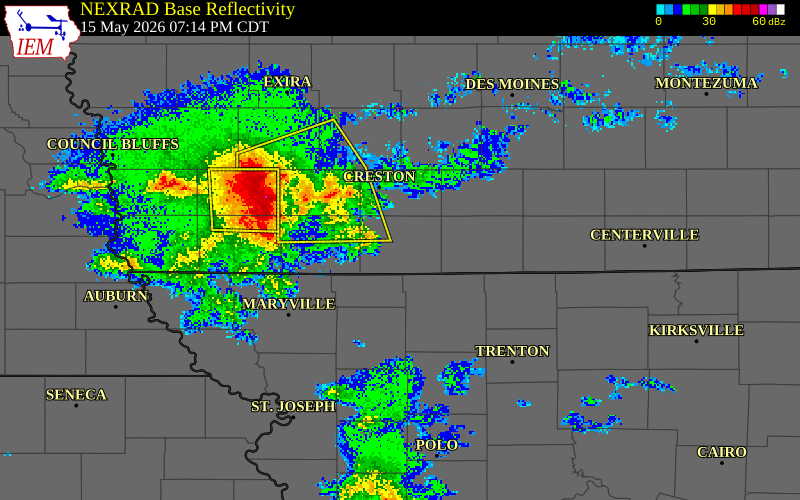 NEXRAD radar during the Friday, May 15, 2026 storm activity in Ringgold County, Iowa