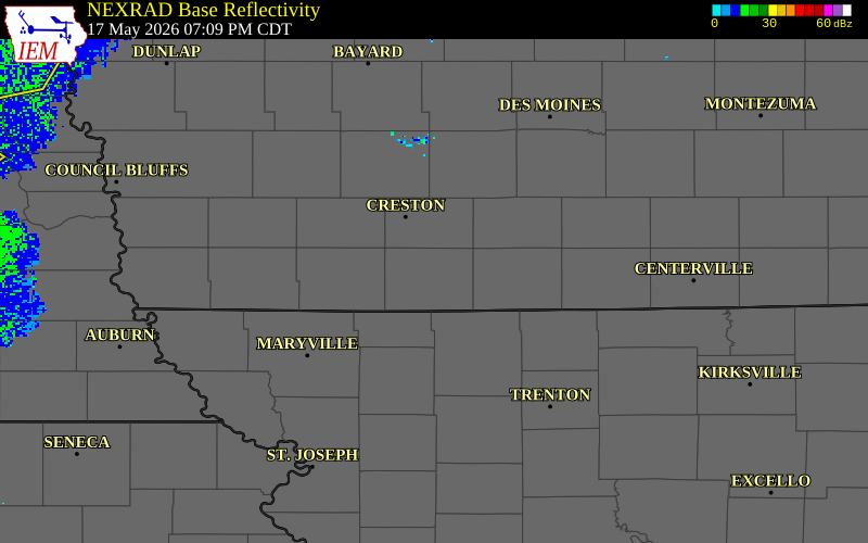 NEXRAD radar during the Sunday, May 17, 2026 storm activity in Ringgold County, Iowa