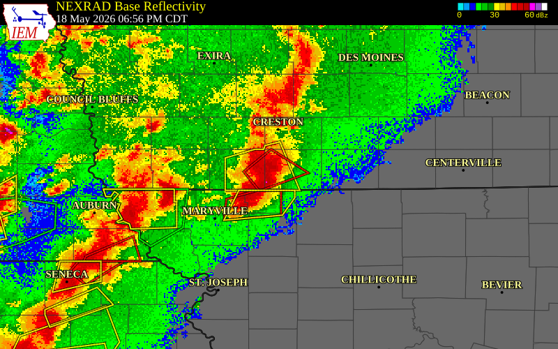 NEXRAD radar during the Monday, May 18, 2026 storm activity in Ringgold County, Iowa