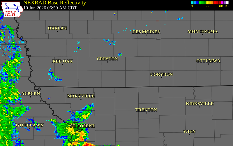 NEXRAD radar during the Wednesday, June 10, 2026 storm activity in Ringgold County, Iowa