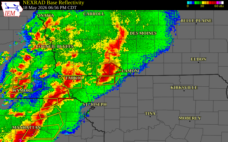 Radar snapshot during the May 18, 2026 tornado event near Benton, Ringgold County, Iowa, with NWS warning polygons