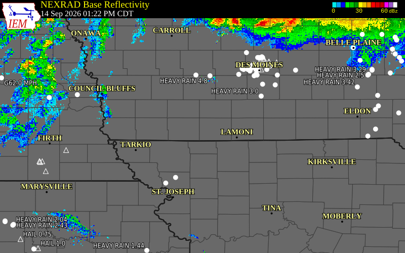 Current NEXRAD radar over Ringgold County, Iowa with recent storm report locations