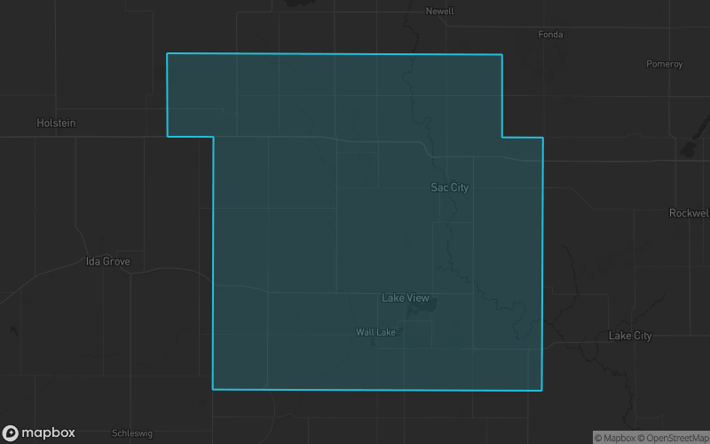 Map of Sac County, Iowa showing the county boundary and surrounding cities